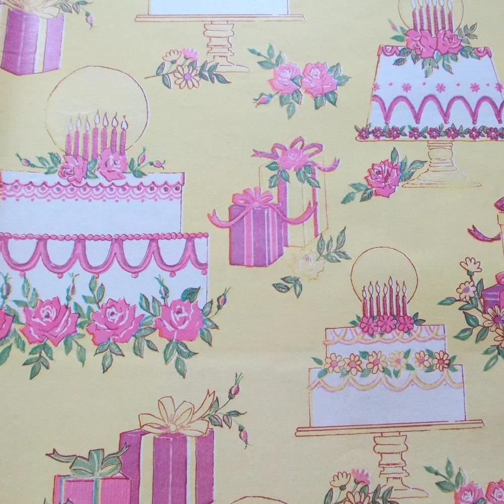 Vintage Gift Wrap Paper Celebration Wedding ~ Cakes, Candles & Presents 2 Sheets